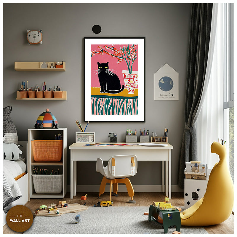 BLACK CAT IN PINK FIELD