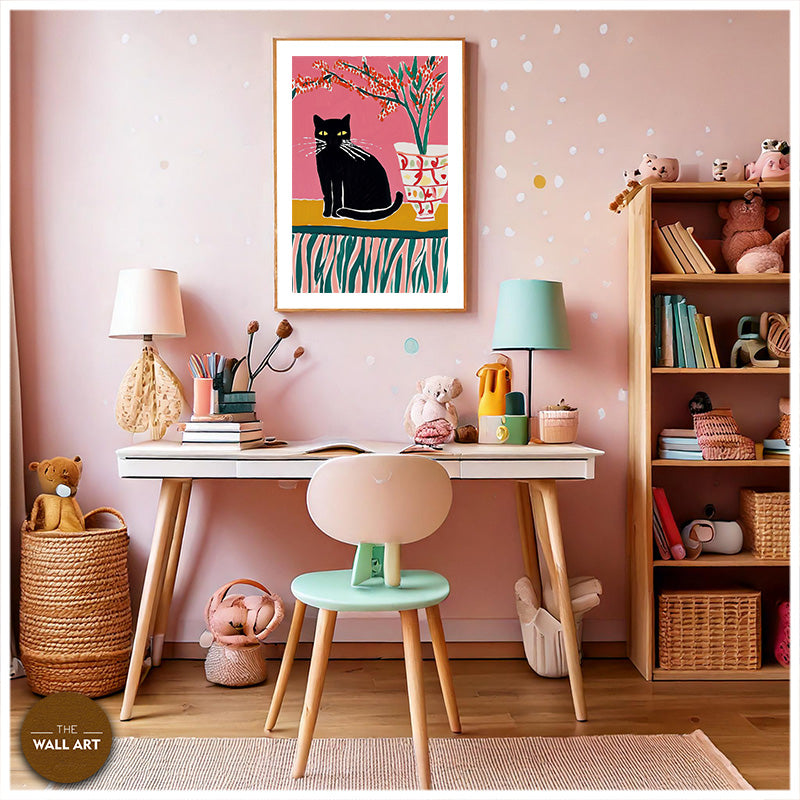 BLACK CAT IN PINK FIELD