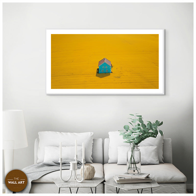 BLUE HOUSE ON YELLOW FIELD III