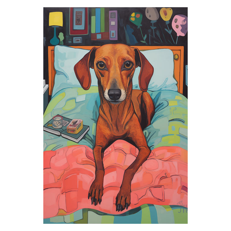BROWN DOG ON BED