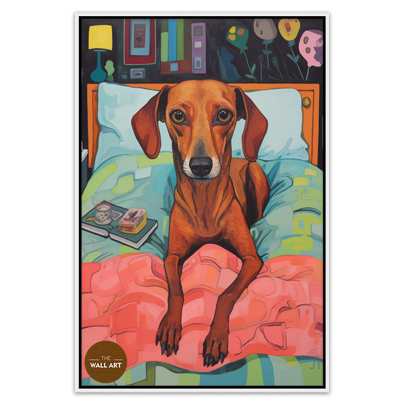 BROWN DOG ON BED