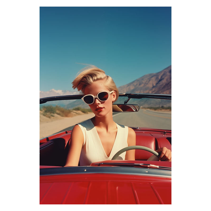 RETRO WOMAN AND RED CAR