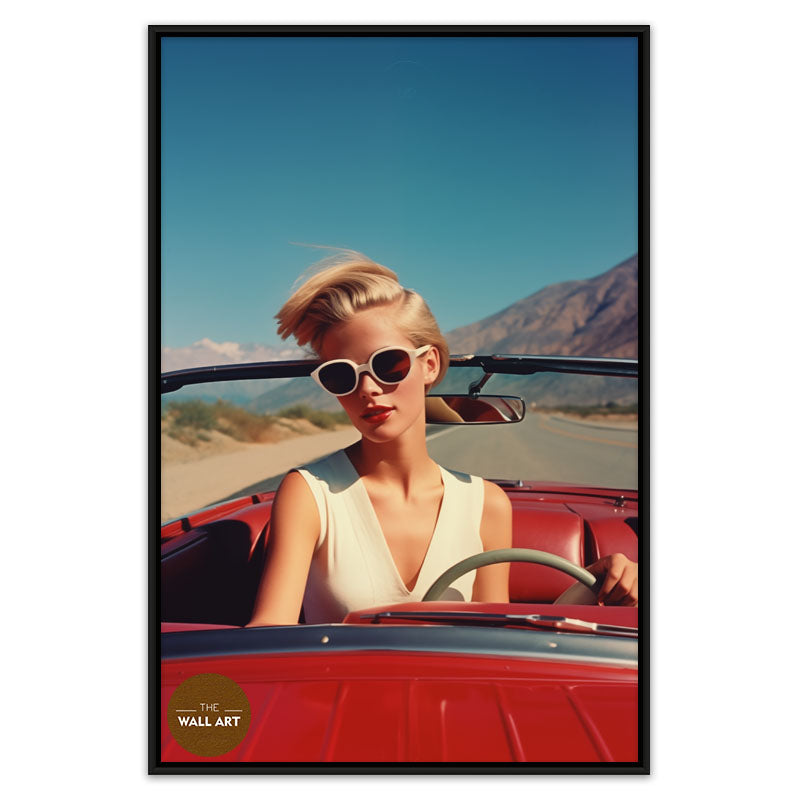 RETRO WOMAN AND RED CAR