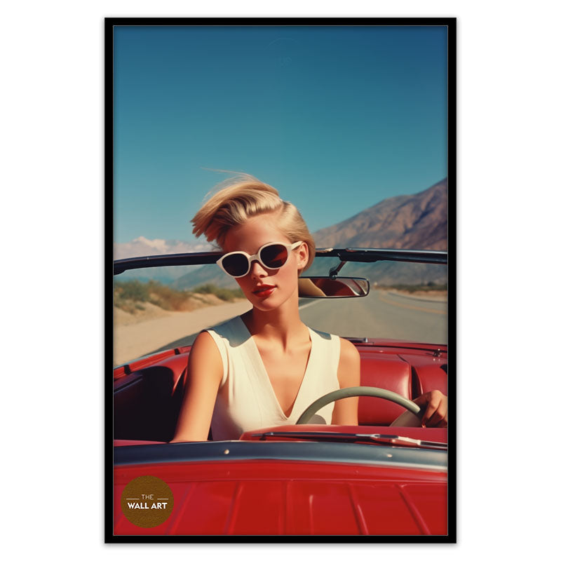 RETRO WOMAN AND RED CAR