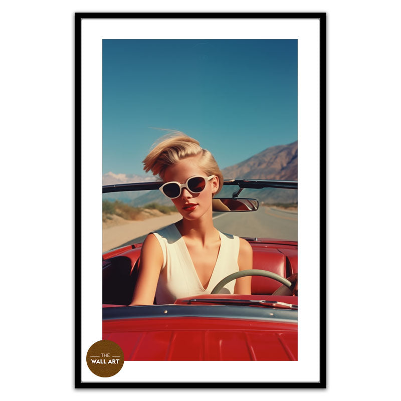 RETRO WOMAN AND RED CAR