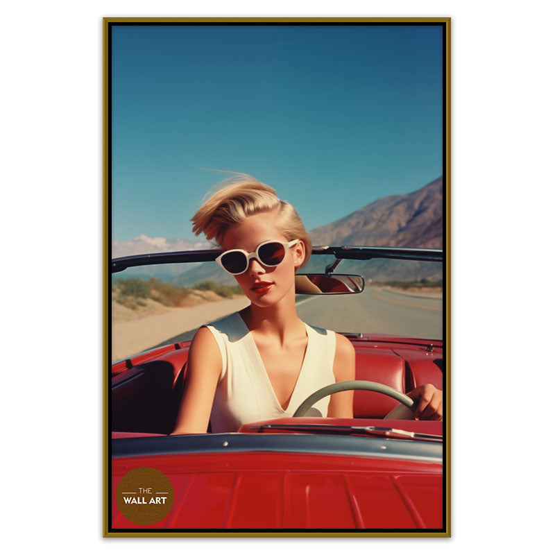 RETRO WOMAN AND RED CAR