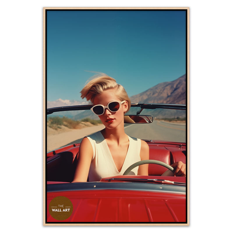 RETRO WOMAN AND RED CAR
