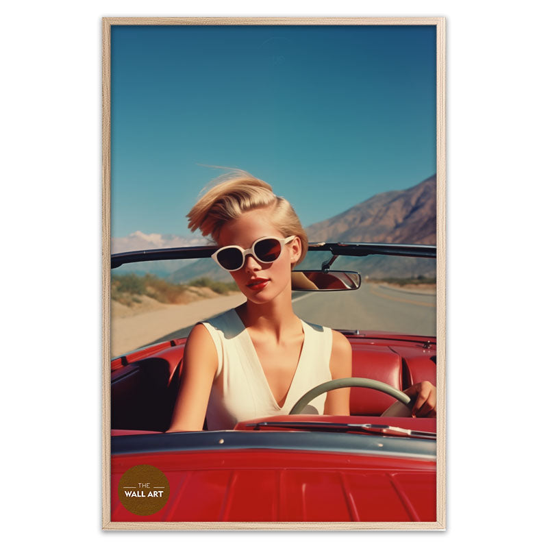 RETRO WOMAN AND RED CAR