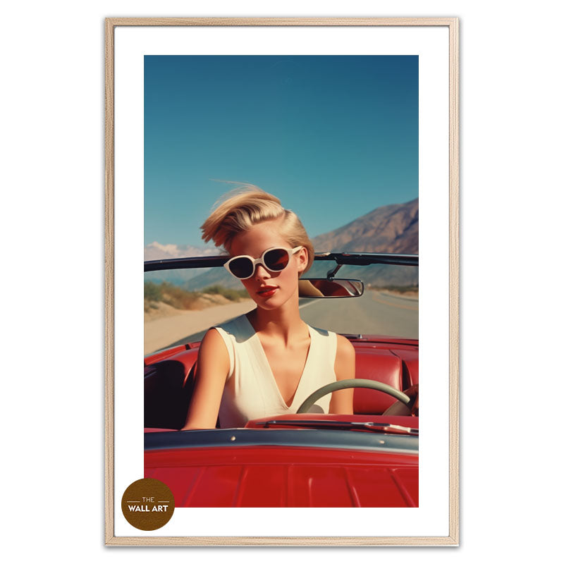 RETRO WOMAN AND RED CAR