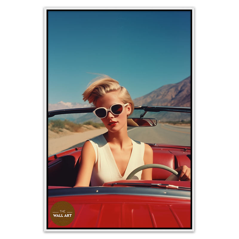 RETRO WOMAN AND RED CAR