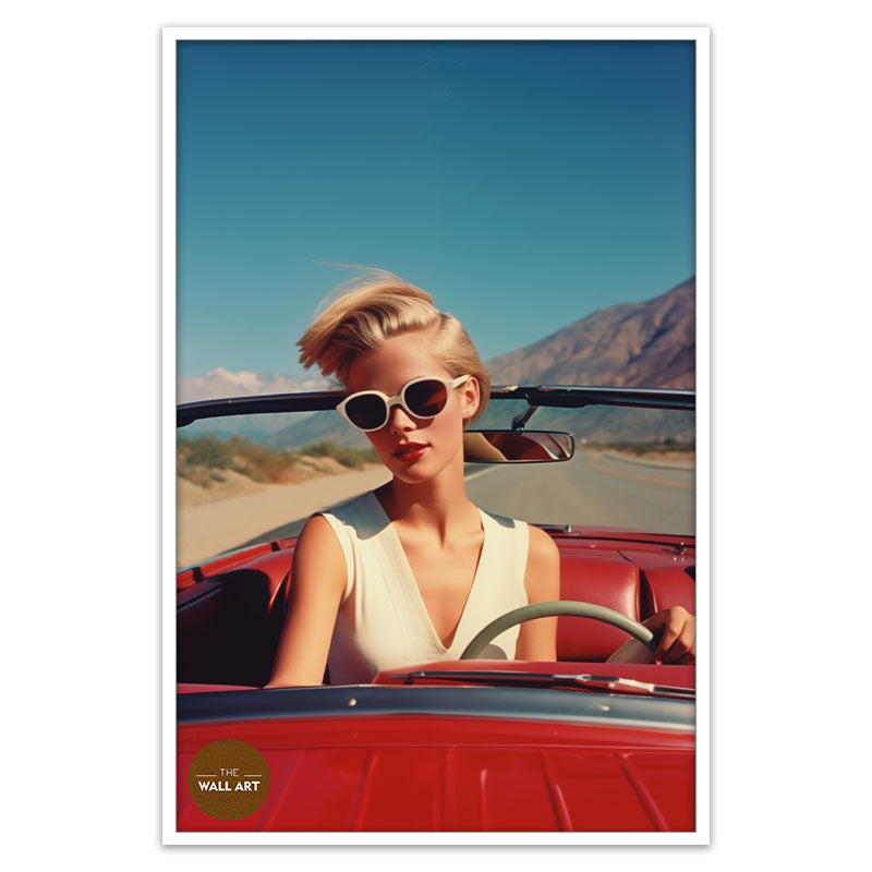 RETRO WOMAN AND RED CAR
