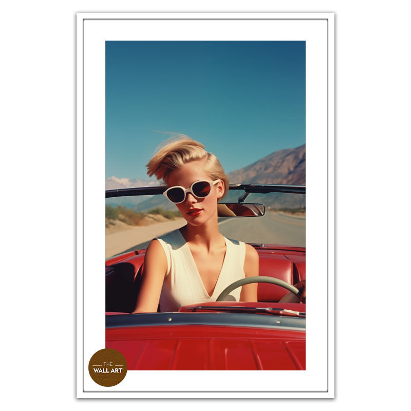 RETRO WOMAN AND RED CAR